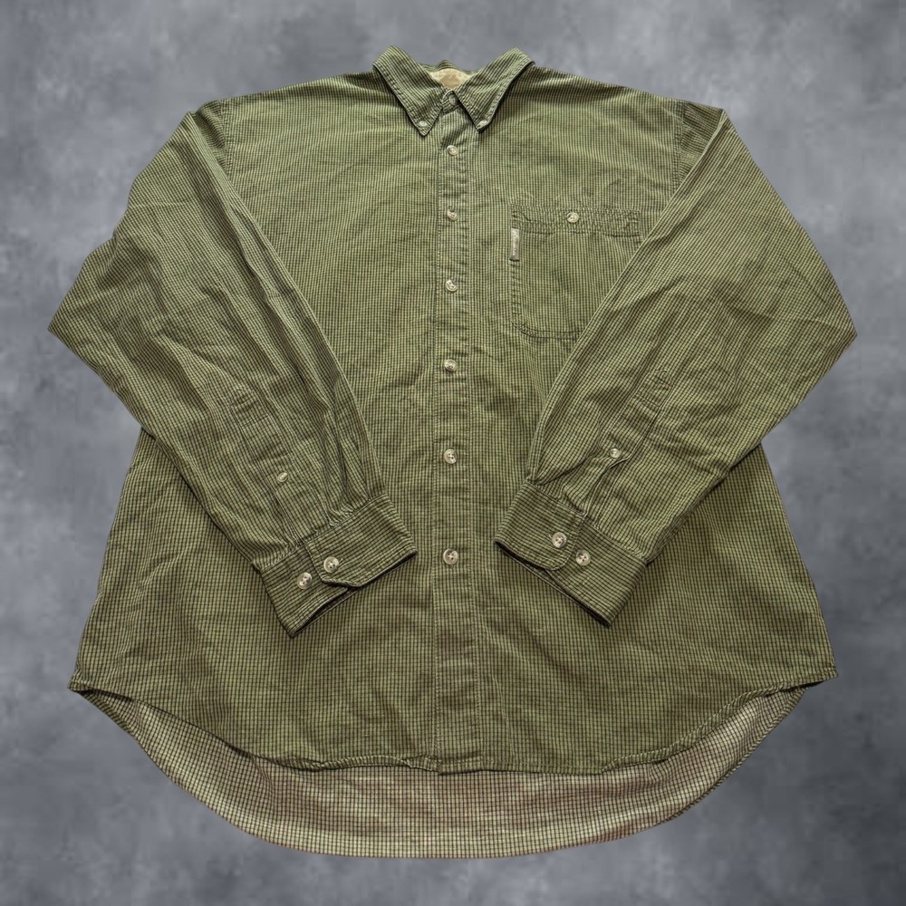 Columbia Mens Olive Green Micro Check Button Down Shirt L Long Sleeve AM7979
